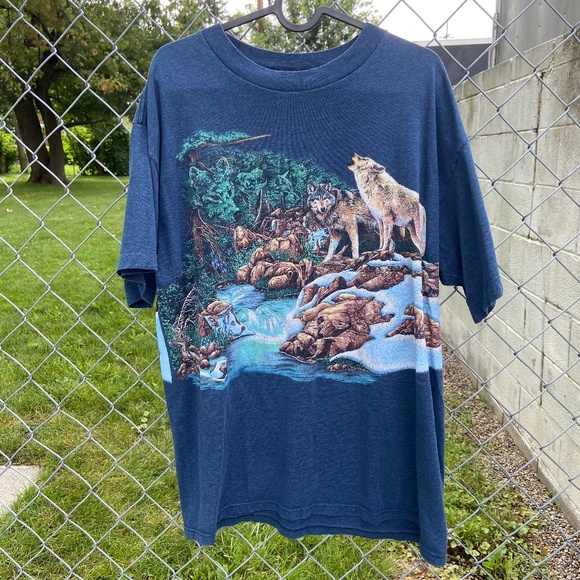 Vintage 90s Wolf T-Shirt Mens Large Blue Wolves Animal Nature Wildlife USA Tee - Picture 1 of 9